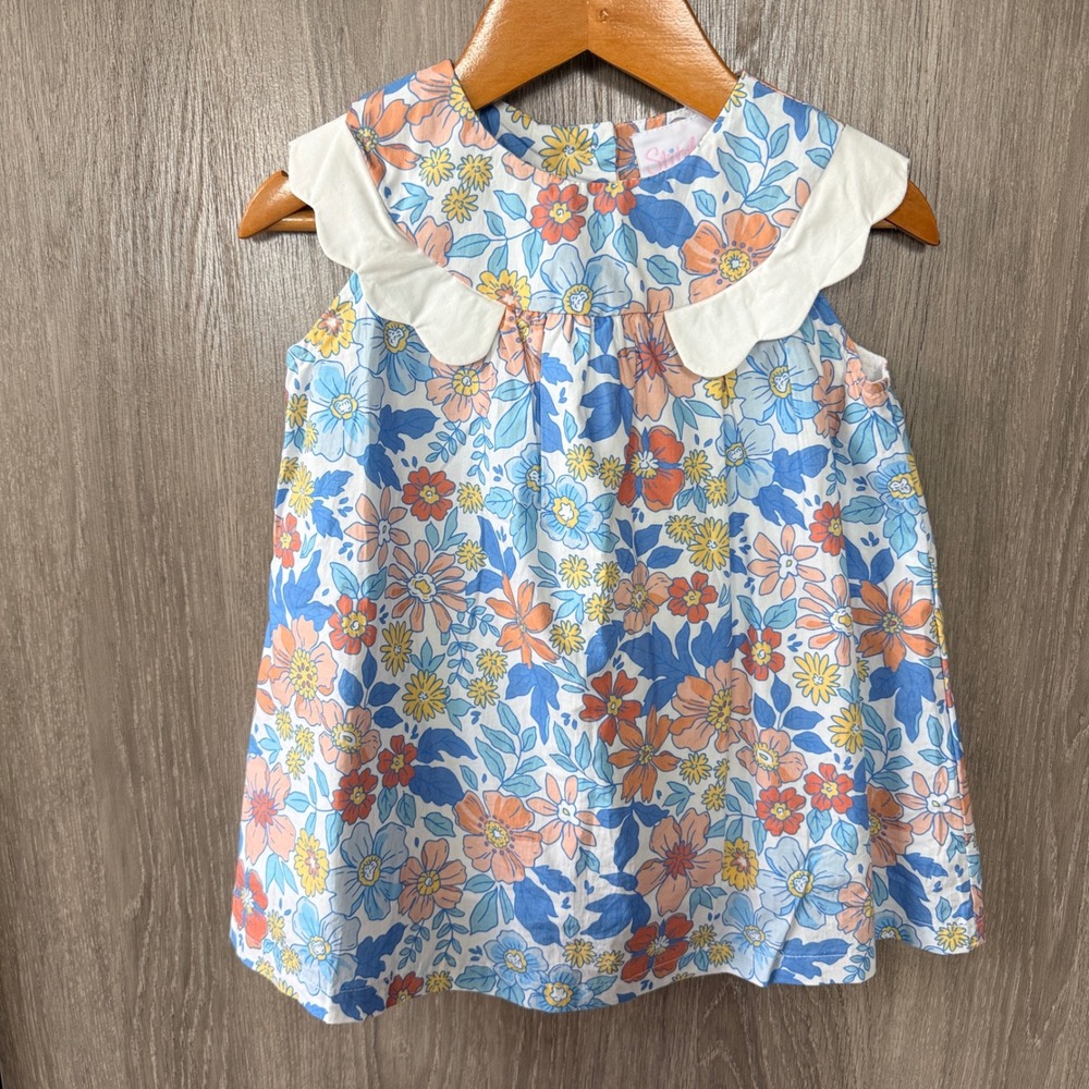 Stitchy Fish Floral Dress Toddler Girls 18M Blue Orange Scalloped Cottagecore